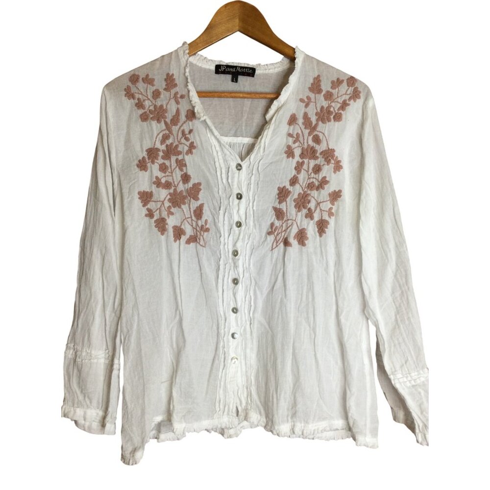 JP and Mattie Gabriella Hand Embroidered Shirt Womens Button Front Top Size L